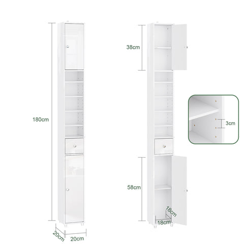 SoBuy BZR167-GW Kapea Kylpyhuonekaappi, Säilytyskaappi, 1 Laatikko, 2 Ovea ja 5 Avohyllyä, Säädettävät Hyllyt, Kiiltävän Valkoinen, 20x20x180 cm