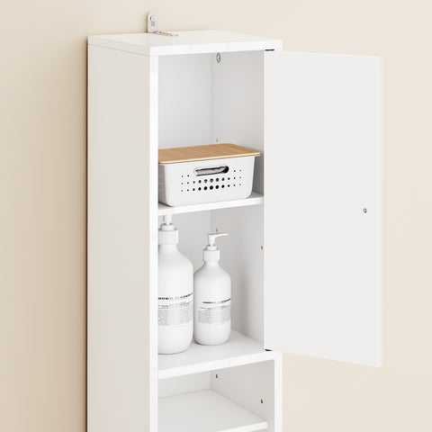 SoBuy BZR167-GW Kapea Kylpyhuonekaappi, Säilytyskaappi, 1 Laatikko, 2 Ovea ja 5 Avohyllyä, Säädettävät Hyllyt, Kiiltävän Valkoinen, 20x20x180 cm