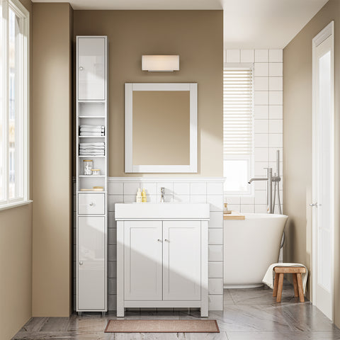 SoBuy BZR167-GW Kapea Kylpyhuonekaappi, Säilytyskaappi, 1 Laatikko, 2 Ovea ja 5 Avohyllyä, Säädettävät Hyllyt, Kiiltävän Valkoinen, 20x20x180 cm