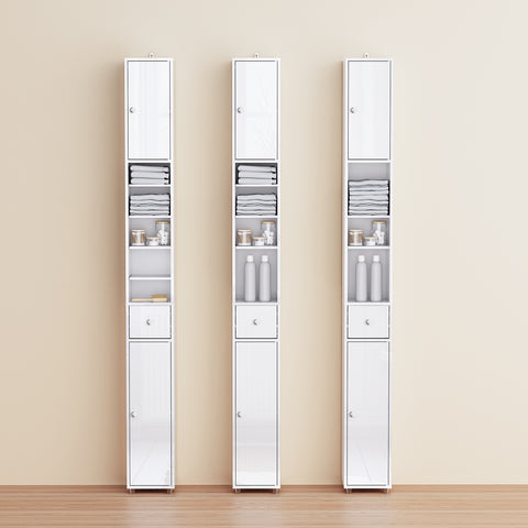 SoBuy BZR167-GW Kapea Kylpyhuonekaappi, Säilytyskaappi, 1 Laatikko, 2 Ovea ja 5 Avohyllyä, Säädettävät Hyllyt, Kiiltävän Valkoinen, 20x20x180 cm