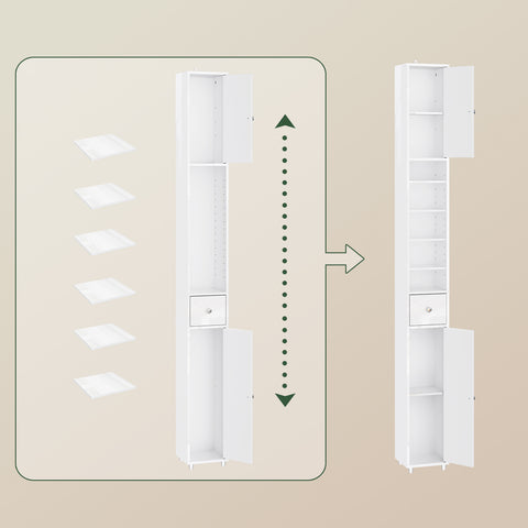 SoBuy BZR167-GW Kapea Kylpyhuonekaappi, Säilytyskaappi, 1 Laatikko, 2 Ovea ja 5 Avohyllyä, Säädettävät Hyllyt, Kiiltävän Valkoinen, 20x20x180 cm