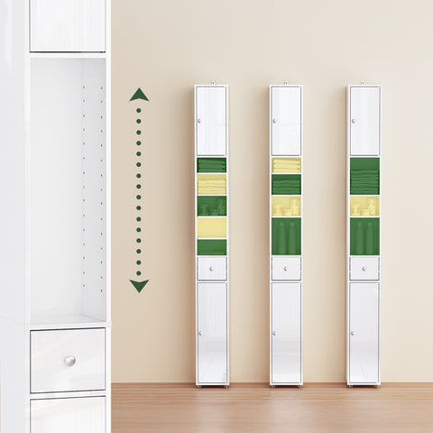 SoBuy BZR167-GW Kapea Kylpyhuonekaappi, Säilytyskaappi, 1 Laatikko, 2 Ovea ja 5 Avohyllyä, Säädettävät Hyllyt, Kiiltävän Valkoinen, 20x20x180 cm