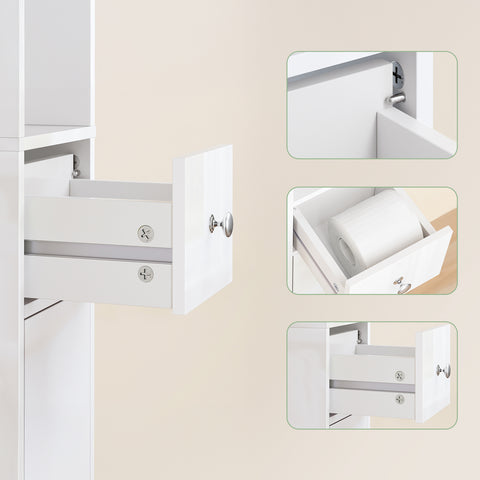 SoBuy BZR167-GW Kapea Kylpyhuonekaappi, Säilytyskaappi, 1 Laatikko, 2 Ovea ja 5 Avohyllyä, Säädettävät Hyllyt, Kiiltävän Valkoinen, 20x20x180 cm