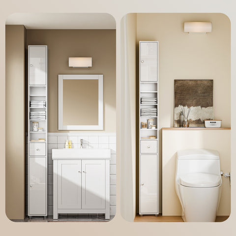 SoBuy BZR167-GW Kapea Kylpyhuonekaappi, Säilytyskaappi, 1 Laatikko, 2 Ovea ja 5 Avohyllyä, Säädettävät Hyllyt, Kiiltävän Valkoinen, 20x20x180 cm