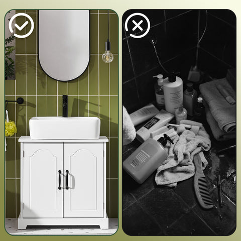 SoBuy BZR205-W Allaskaapin Aluskaappi Kylpyhuoneeseen 60 cm, Pieni Säilytyskaappi Säädettävillä Hyllyillä, Kompakti ja Kosteudenkestävä Allaskaappi Puusta, Valkoinen