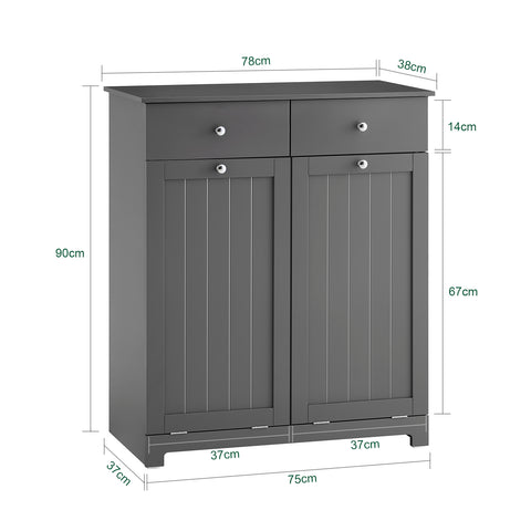SoBuy BZR33-II-DG Kylpyhuonekaluste pyykkikorilla – Alakaappi, kaappi kahdella laatikolla ja suurilla pyykkipusseilla, säilytyskaappi, pyykkikori, harmaa, L78xS38xK90 cm