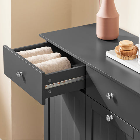 SoBuy BZR33-II-DG Kylpyhuonekaluste pyykkikorilla – Alakaappi, kaappi kahdella laatikolla ja suurilla pyykkipusseilla, säilytyskaappi, pyykkikori, harmaa, L78xS38xK90 cm