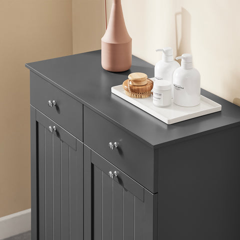 SoBuy BZR33-II-DG Kylpyhuonekaluste pyykkikorilla – Alakaappi, kaappi kahdella laatikolla ja suurilla pyykkipusseilla, säilytyskaappi, pyykkikori, harmaa, L78xS38xK90 cm