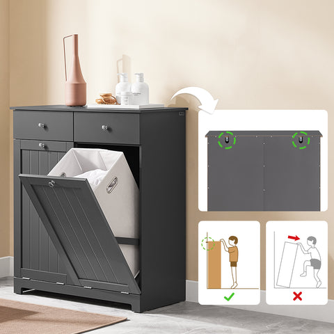 SoBuy BZR33-II-DG Kylpyhuonekaluste pyykkikorilla – Alakaappi, kaappi kahdella laatikolla ja suurilla pyykkipusseilla, säilytyskaappi, pyykkikori, harmaa, L78xS38xK90 cm