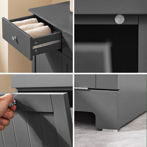 SoBuy BZR33-II-DG Kylpyhuonekaluste pyykkikorilla – Alakaappi, kaappi kahdella laatikolla ja suurilla pyykkipusseilla, säilytyskaappi, pyykkikori, harmaa, L78xS38xK90 cm