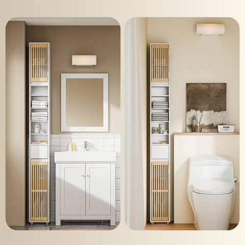 SoBuy BZR34-BW Kylpyhuoneen Kaappi, Kapea Säilytyskaappi, Korkea Säilytyskaluste 6 Säädettävällä Hyllyllä, Pieni Kylpyhuoneen Säilytysratkaisu, Valkoinen, 20x20x180 cm