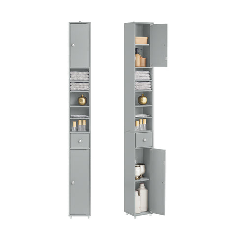 SoBuy BZR34-HG Korkea Kylpyhuoneen Säilytyskaappi – Vapaasti Seisova Kapea Kylpyhuonekaappi, Vedenkestävä MDF, Säädettävät Hyllyt ja Laatikko – Kompakti Kylpyhuonekaluste, Harmaa, B20 x D20 x K180cm