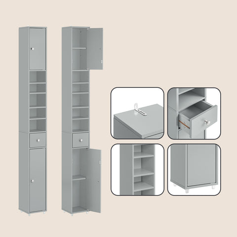 SoBuy BZR34-HG Korkea Kylpyhuoneen Säilytyskaappi – Vapaasti Seisova Kapea Kylpyhuonekaappi, Vedenkestävä MDF, Säädettävät Hyllyt ja Laatikko – Kompakti Kylpyhuonekaluste, Harmaa, B20 x D20 x K180cm