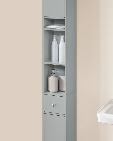 SoBuy BZR34-HG Korkea Kylpyhuoneen Säilytyskaappi – Vapaasti Seisova Kapea Kylpyhuonekaappi, Vedenkestävä MDF, Säädettävät Hyllyt ja Laatikko – Kompakti Kylpyhuonekaluste, Harmaa, B20 x D20 x K180cm