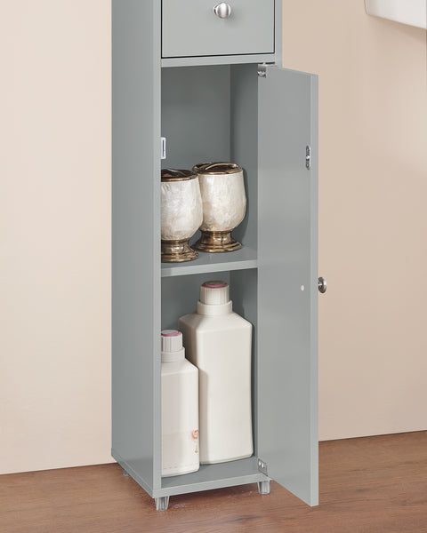 SoBuy BZR34-HG Korkea Kylpyhuoneen Säilytyskaappi – Vapaasti Seisova Kapea Kylpyhuonekaappi, Vedenkestävä MDF, Säädettävät Hyllyt ja Laatikko – Kompakti Kylpyhuonekaluste, Harmaa, B20 x D20 x K180cm