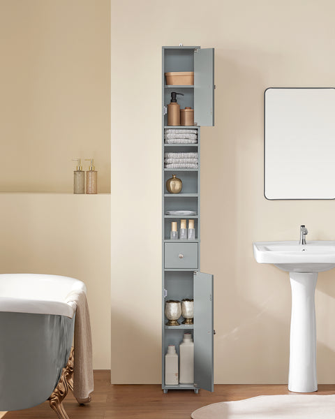 SoBuy BZR34-HG Korkea Kylpyhuoneen Säilytyskaappi – Vapaasti Seisova Kapea Kylpyhuonekaappi, Vedenkestävä MDF, Säädettävät Hyllyt ja Laatikko – Kompakti Kylpyhuonekaluste, Harmaa, B20 x D20 x K180cm