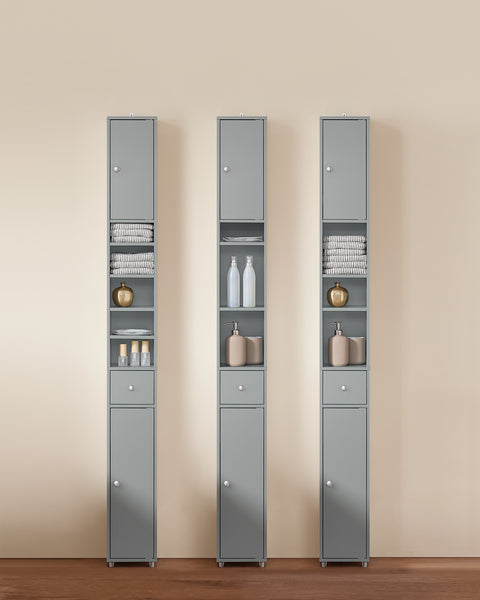 SoBuy BZR34-HG Korkea Kylpyhuoneen Säilytyskaappi – Vapaasti Seisova Kapea Kylpyhuonekaappi, Vedenkestävä MDF, Säädettävät Hyllyt ja Laatikko – Kompakti Kylpyhuonekaluste, Harmaa, B20 x D20 x K180cm