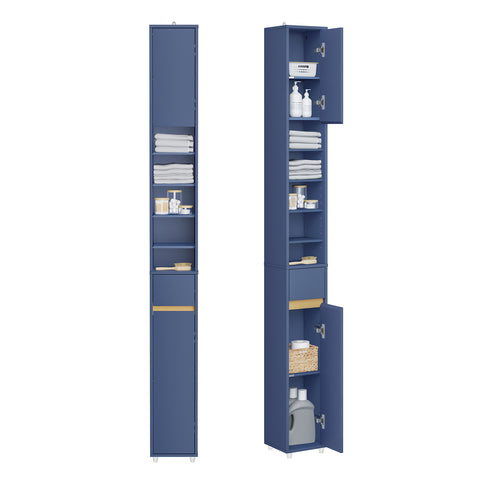 SoBuy BZR34-II-B Kylpyhuoneen Kapea Kaappi 20 cm – Säilytyskaappi Laatikoilla ja Säädettävillä Hyllyillä – Kompakti Kylpyhuonekaluste WC:hen ja Pieniin Tilohin, MDF Sininen, 20x20x180 cm