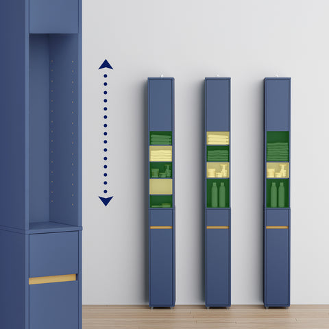 SoBuy BZR34-II-B Kylpyhuoneen Kapea Kaappi 20 cm – Säilytyskaappi Laatikoilla ja Säädettävillä Hyllyillä – Kompakti Kylpyhuonekaluste WC:hen ja Pieniin Tilohin, MDF Sininen, 20x20x180 cm