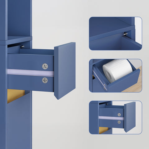 SoBuy BZR34-II-B Kylpyhuoneen Kapea Kaappi 20 cm – Säilytyskaappi Laatikoilla ja Säädettävillä Hyllyillä – Kompakti Kylpyhuonekaluste WC:hen ja Pieniin Tilohin, MDF Sininen, 20x20x180 cm