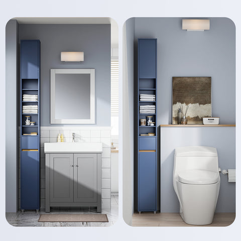 SoBuy BZR34-II-B Kylpyhuoneen Kapea Kaappi 20 cm – Säilytyskaappi Laatikoilla ja Säädettävillä Hyllyillä – Kompakti Kylpyhuonekaluste WC:hen ja Pieniin Tilohin, MDF Sininen, 20x20x180 cm