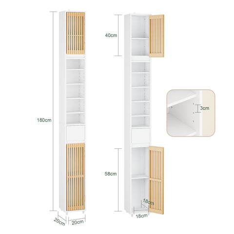 SoBuy BZR34-BW Kylpyhuoneen Kaappi, Kapea Säilytyskaappi, Korkea Säilytyskaluste 6 Säädettävällä Hyllyllä, Pieni Kylpyhuoneen Säilytysratkaisu, Valkoinen, 20x20x180 cm