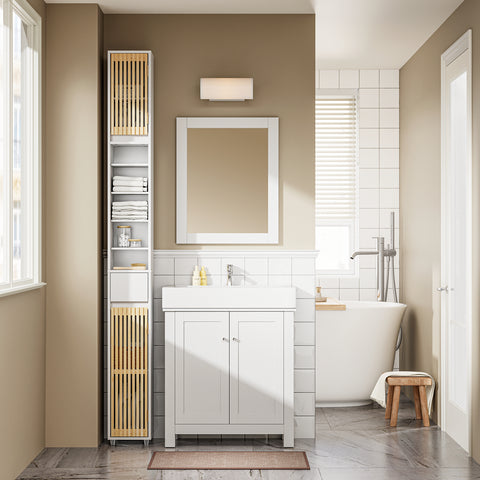 SoBuy BZR34-BW Kylpyhuoneen Kaappi, Kapea Säilytyskaappi, Korkea Säilytyskaluste 6 Säädettävällä Hyllyllä, Pieni Kylpyhuoneen Säilytysratkaisu, Valkoinen, 20x20x180 cm