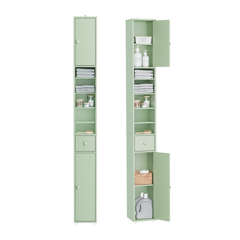 SoBuy BZR34-II-GR Korkea Kylpyhuonekaappi – Vapaasti Seisova Kapea Kylpyhuonekaappi, Vedenkestävä MDF, Säädettävät Hyllyt ja Laatikko – Kompakti Kylpyhuonekaluste, Vaaleanvihreä, 20 x 20 x 180 cm
