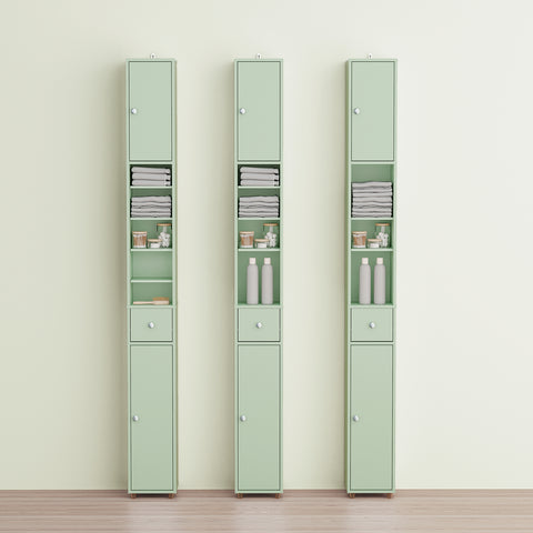 SoBuy BZR34-II-GR Korkea Kylpyhuonekaappi – Vapaasti Seisova Kapea Kylpyhuonekaappi, Vedenkestävä MDF, Säädettävät Hyllyt ja Laatikko – Kompakti Kylpyhuonekaluste, Vaaleanvihreä, 20 x 20 x 180 cm