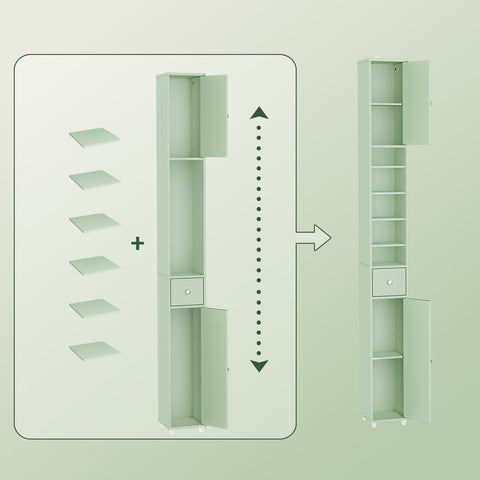 SoBuy BZR34-II-GR Korkea Kylpyhuonekaappi – Vapaasti Seisova Kapea Kylpyhuonekaappi, Vedenkestävä MDF, Säädettävät Hyllyt ja Laatikko – Kompakti Kylpyhuonekaluste, Vaaleanvihreä, 20 x 20 x 180 cm