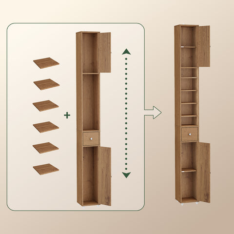 SoBuy BZR34-II-PF Korkea Kylpyhuonekaappi – Vapaasti Seisova Kapea Kylpyhuonekaappi, Vesitiivis MDF Säädettävillä Hyllyillä ja Laatikolla – Kompakti Kylpyhuonekaluste, Luonnonpuun Sävy, B20 x D20 x K180 cm