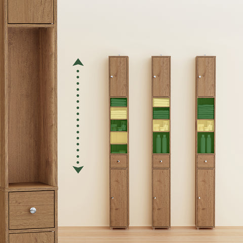 SoBuy BZR34-II-PF Korkea Kylpyhuonekaappi – Vapaasti Seisova Kapea Kylpyhuonekaappi, Vesitiivis MDF Säädettävillä Hyllyillä ja Laatikolla – Kompakti Kylpyhuonekaluste, Luonnonpuun Sävy, B20 x D20 x K180 cm