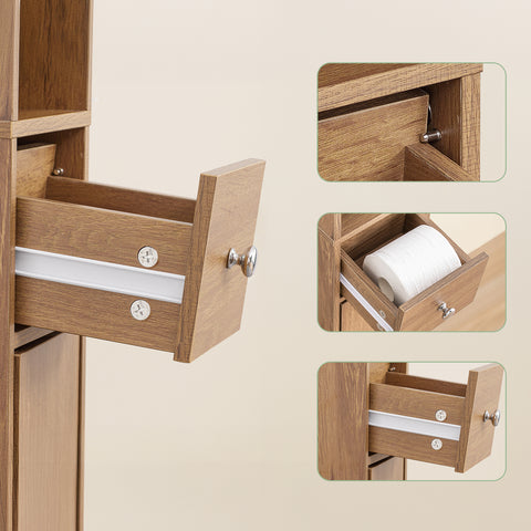 SoBuy BZR34-II-PF Korkea Kylpyhuonekaappi – Vapaasti Seisova Kapea Kylpyhuonekaappi, Vesitiivis MDF Säädettävillä Hyllyillä ja Laatikolla – Kompakti Kylpyhuonekaluste, Luonnonpuun Sävy, B20 x D20 x K180 cm