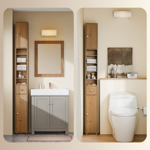 SoBuy BZR34-II-PF Korkea Kylpyhuonekaappi – Vapaasti Seisova Kapea Kylpyhuonekaappi, Vesitiivis MDF Säädettävillä Hyllyillä ja Laatikolla – Kompakti Kylpyhuonekaluste, Luonnonpuun Sävy, B20 x D20 x K180 cm