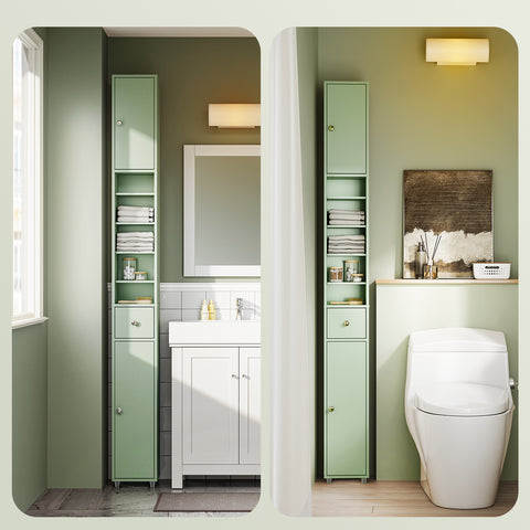 SoBuy BZR34-II-GR Korkea Kylpyhuonekaappi – Vapaasti Seisova Kapea Kylpyhuonekaappi, Vedenkestävä MDF, Säädettävät Hyllyt ja Laatikko – Kompakti Kylpyhuonekaluste, Vaaleanvihreä, 20 x 20 x 180 cm