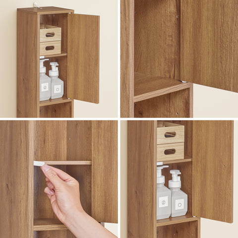 SoBuy BZR34-II-PF Korkea Kylpyhuonekaappi – Vapaasti Seisova Kapea Kylpyhuonekaappi, Vesitiivis MDF Säädettävillä Hyllyillä ja Laatikolla – Kompakti Kylpyhuonekaluste, Luonnonpuun Sävy, B20 x D20 x K180 cm