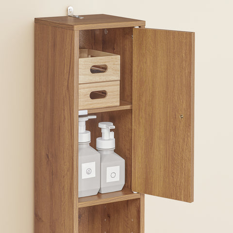 SoBuy BZR34-II-PF Korkea Kylpyhuonekaappi – Vapaasti Seisova Kapea Kylpyhuonekaappi, Vesitiivis MDF Säädettävillä Hyllyillä ja Laatikolla – Kompakti Kylpyhuonekaluste, Luonnonpuun Sävy, B20 x D20 x K180 cm