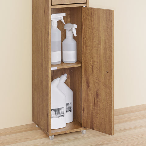 SoBuy BZR34-II-PF Korkea Kylpyhuonekaappi – Vapaasti Seisova Kapea Kylpyhuonekaappi, Vesitiivis MDF Säädettävillä Hyllyillä ja Laatikolla – Kompakti Kylpyhuonekaluste, Luonnonpuun Sävy, B20 x D20 x K180 cm