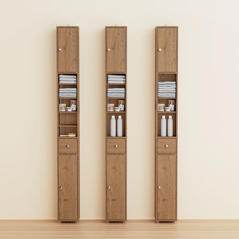 SoBuy BZR34-II-PF Korkea Kylpyhuonekaappi – Vapaasti Seisova Kapea Kylpyhuonekaappi, Vesitiivis MDF Säädettävillä Hyllyillä ja Laatikolla – Kompakti Kylpyhuonekaluste, Luonnonpuun Sävy, B20 x D20 x K180 cm