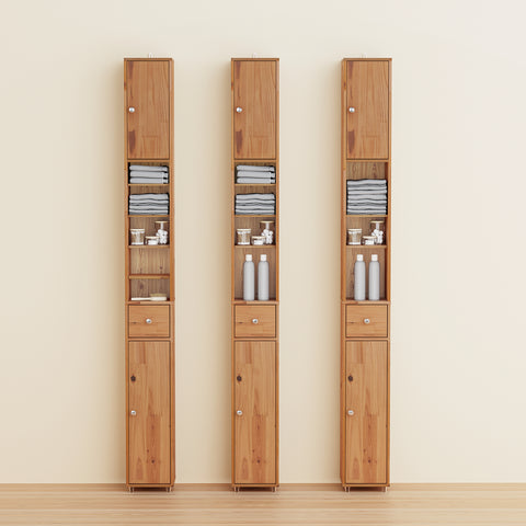 SoBuy BZR34-II-SH Kapea Kylpyhuoneen Kaappi Massiivipuusta, Säilytyskaappi Vetolaatikolla ja Avohyllyillä, Säädettävät Hyllyt, Puunvärinen, 20x20x180 cm