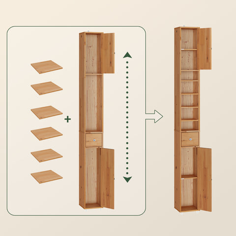 SoBuy BZR34-II-SH Kapea Kylpyhuoneen Kaappi Massiivipuusta, Säilytyskaappi Vetolaatikolla ja Avohyllyillä, Säädettävät Hyllyt, Puunvärinen, 20x20x180 cm