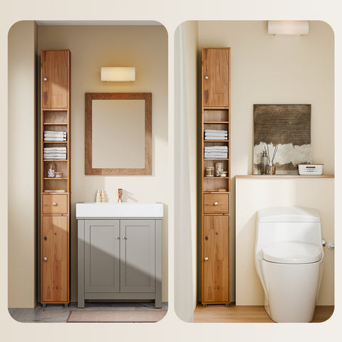 SoBuy BZR34-II-SH Kapea Kylpyhuoneen Kaappi Massiivipuusta, Säilytyskaappi Vetolaatikolla ja Avohyllyillä, Säädettävät Hyllyt, Puunvärinen, 20x20x180 cm