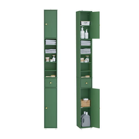 SoBuy BZR34-II-SY Korkea Kylpyhuonekaappi – Vapaasti Seisova Kapea Kaappi, Vedenkestävä MDF, Säädettävät Hyllyt ja Laatikko – Kompakti Kylpyhuonekaluste, Tummanvihreä, B20 x D20 x K180 cm