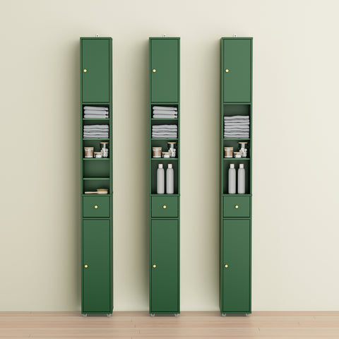 SoBuy BZR34-II-SY Korkea Kylpyhuonekaappi – Vapaasti Seisova Kapea Kaappi, Vedenkestävä MDF, Säädettävät Hyllyt ja Laatikko – Kompakti Kylpyhuonekaluste, Tummanvihreä, B20 x D20 x K180 cm