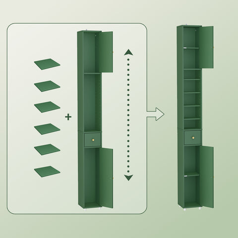 SoBuy BZR34-II-SY Korkea Kylpyhuonekaappi – Vapaasti Seisova Kapea Kaappi, Vedenkestävä MDF, Säädettävät Hyllyt ja Laatikko – Kompakti Kylpyhuonekaluste, Tummanvihreä, B20 x D20 x K180 cm
