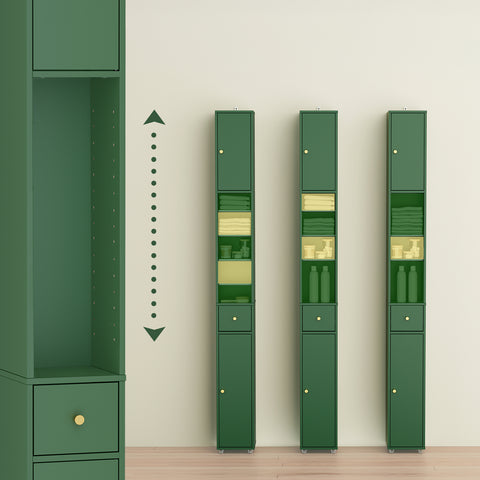 SoBuy BZR34-II-SY Korkea Kylpyhuonekaappi – Vapaasti Seisova Kapea Kaappi, Vedenkestävä MDF, Säädettävät Hyllyt ja Laatikko – Kompakti Kylpyhuonekaluste, Tummanvihreä, B20 x D20 x K180 cm