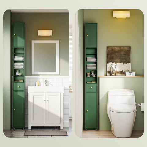 SoBuy BZR34-II-SY Korkea Kylpyhuonekaappi – Vapaasti Seisova Kapea Kaappi, Vedenkestävä MDF, Säädettävät Hyllyt ja Laatikko – Kompakti Kylpyhuonekaluste, Tummanvihreä, B20 x D20 x K180 cm