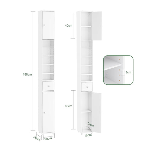 SoBuy BZR34-II-W Korkea Kylpyhuonekaappi – Vapaasti Seisova Kapea Kylpyhuonekaappi, Vedenkestävä Säädettävillä Hyllyillä ja Laatikkolla – Kompakti Puiset Kylpyhuonekaluste, Valkoinen, L20 x S20 x K180 cm