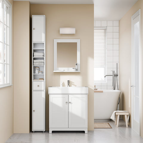 SoBuy BZR34-II-W Korkea Kylpyhuonekaappi – Vapaasti Seisova Kapea Kylpyhuonekaappi, Vedenkestävä Säädettävillä Hyllyillä ja Laatikkolla – Kompakti Puiset Kylpyhuonekaluste, Valkoinen, L20 x S20 x K180 cm