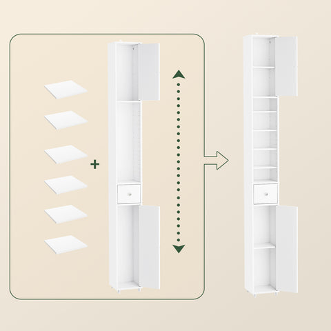 SoBuy BZR34-II-W Korkea Kylpyhuonekaappi – Vapaasti Seisova Kapea Kylpyhuonekaappi, Vedenkestävä Säädettävillä Hyllyillä ja Laatikkolla – Kompakti Puiset Kylpyhuonekaluste, Valkoinen, L20 x S20 x K180 cm